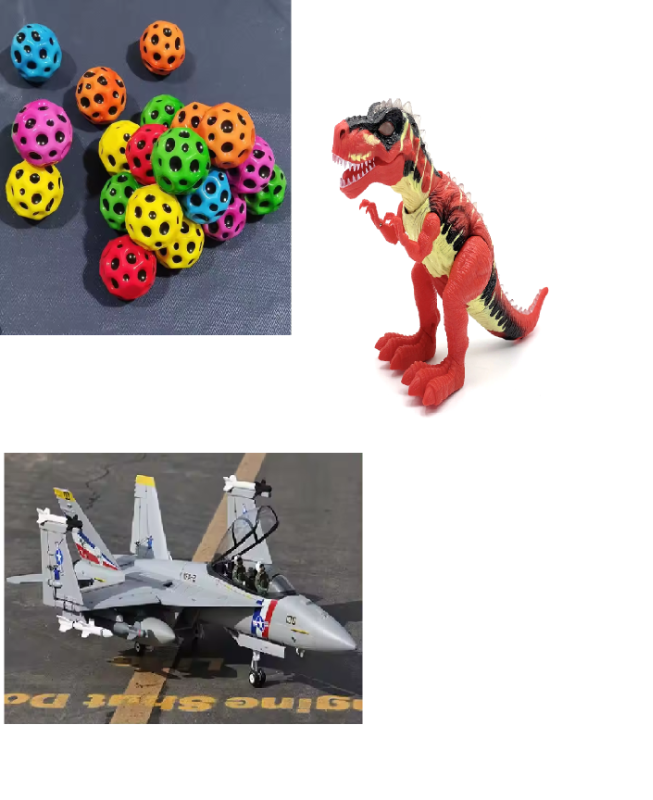 Bundle of Bouncing Balls, Detailed Dragon Toy and Plastic Fighter Jet