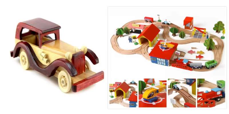 Bundle of Wooden Train Set and Handcrafted Vehicle Toy